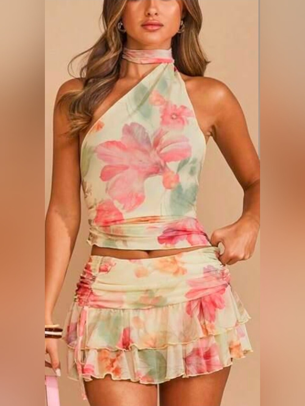 Shein Bae 2 Piece Floral  Chiffon Ruffle Mini Skirt Set Size XS Pink Yellow *